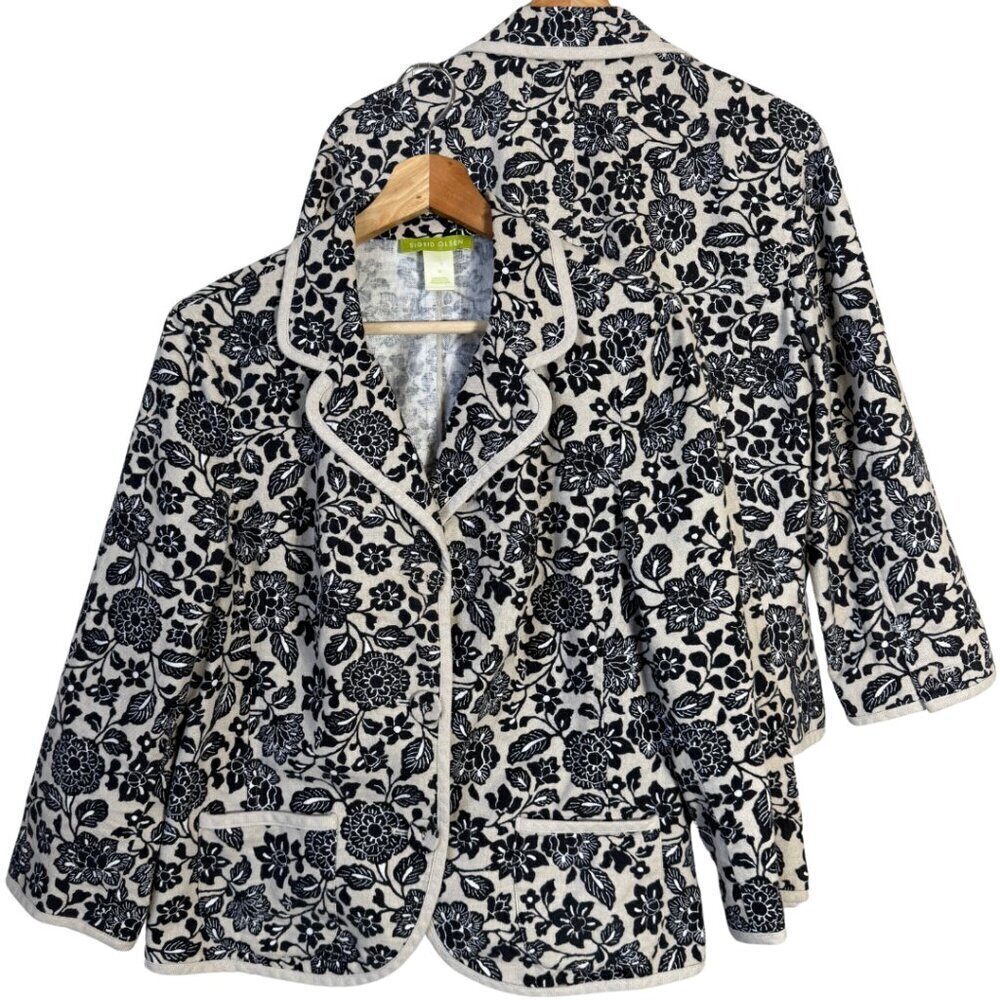Sigrid Olsen Linen Floral Blazer Jacket Women's 10 Tan Black Career Suit Office
